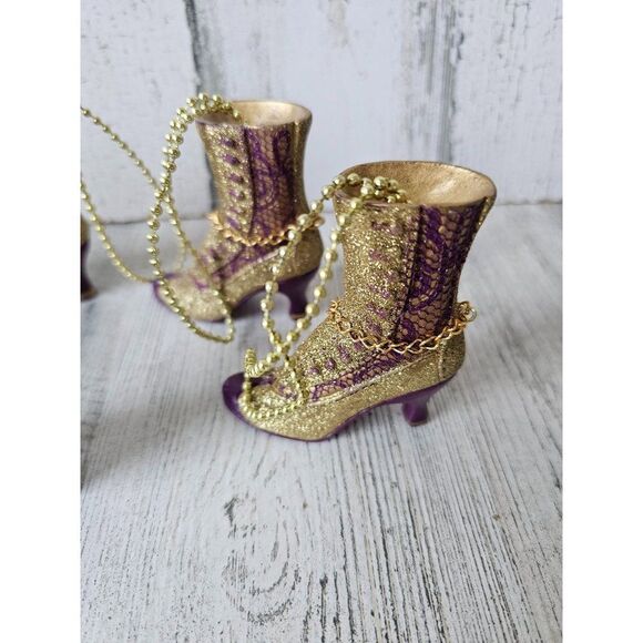 Boot shoe heel glitter gold purple ornament Xmas vintage tree set - Picture 2 of 9